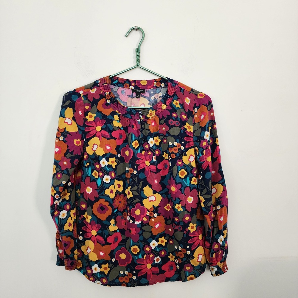 Talbots Petites Floral Rayon Blouse Multi-Color Long Sleeve Keyhole Top Size P